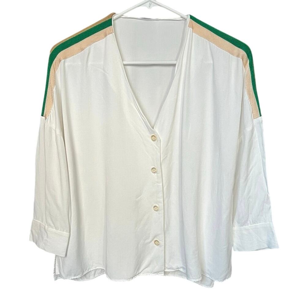 Sandro Paris Viscose Button Front Blouse White with Green Brown Stripe - 1 (4-6)